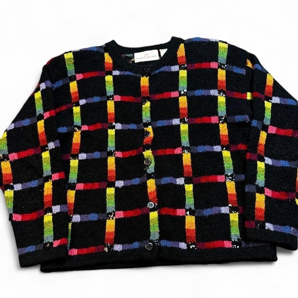Vintage Jane's Closet‎ rainbow sequin square patterned cardigan sweater medium